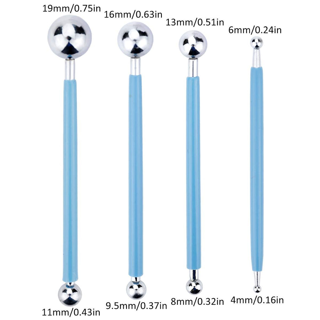 Four blue mandala dotting tools with metal ball tips, showing different sizes and measurements.
