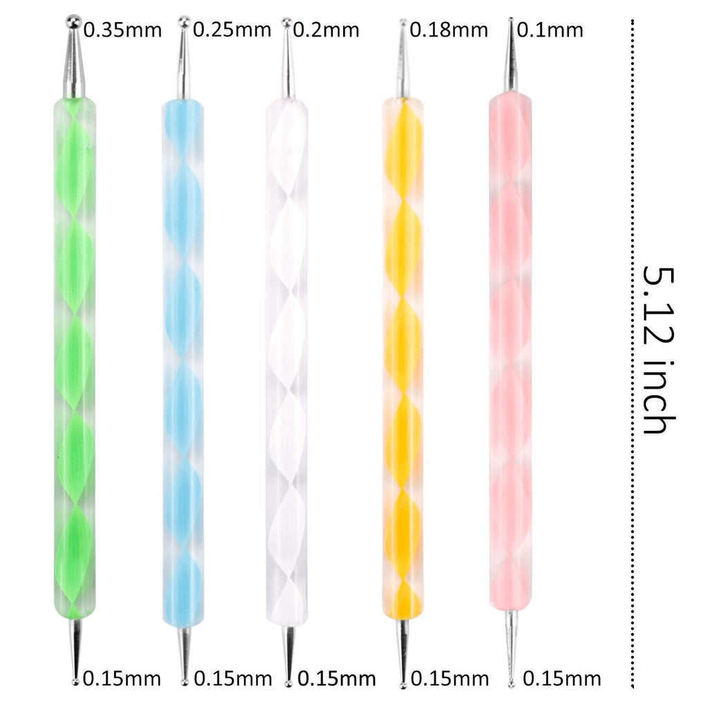Five mandala dotting tools in green, blue, white, yellow, and pink, showing tip sizes and overall length.