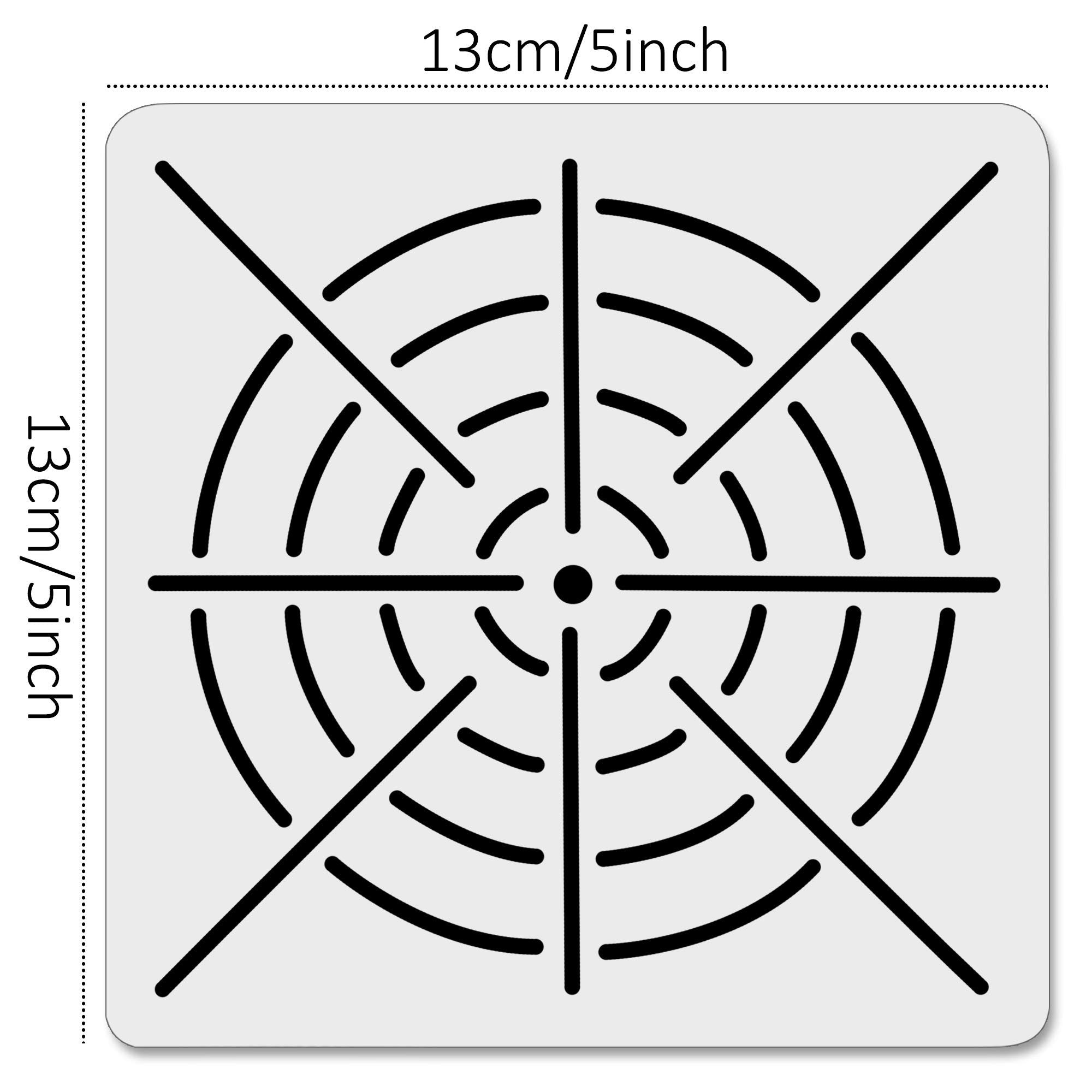 Square mandala stencil with radial lines and concentric arcs, 13cm/5inch dimensions