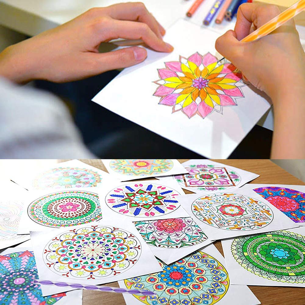 Hands coloring mandala designs on paper with colored pencils and a stylus