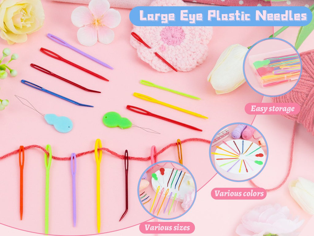 Assorted large-eye plastic yarn needles and threaders in various colors and sizes, with a storage box and yarn.