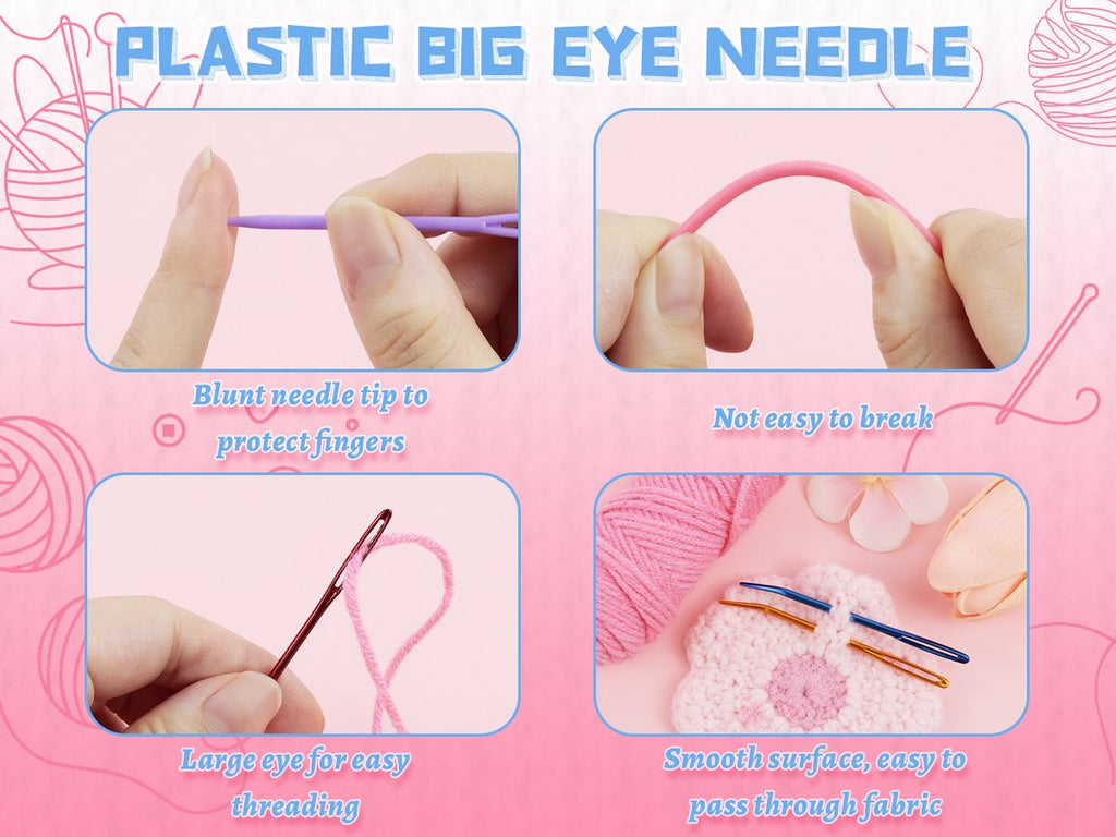 Four panels showing large-eye needles: blunt tip, flexibility, threading, and smooth surface on fabric.