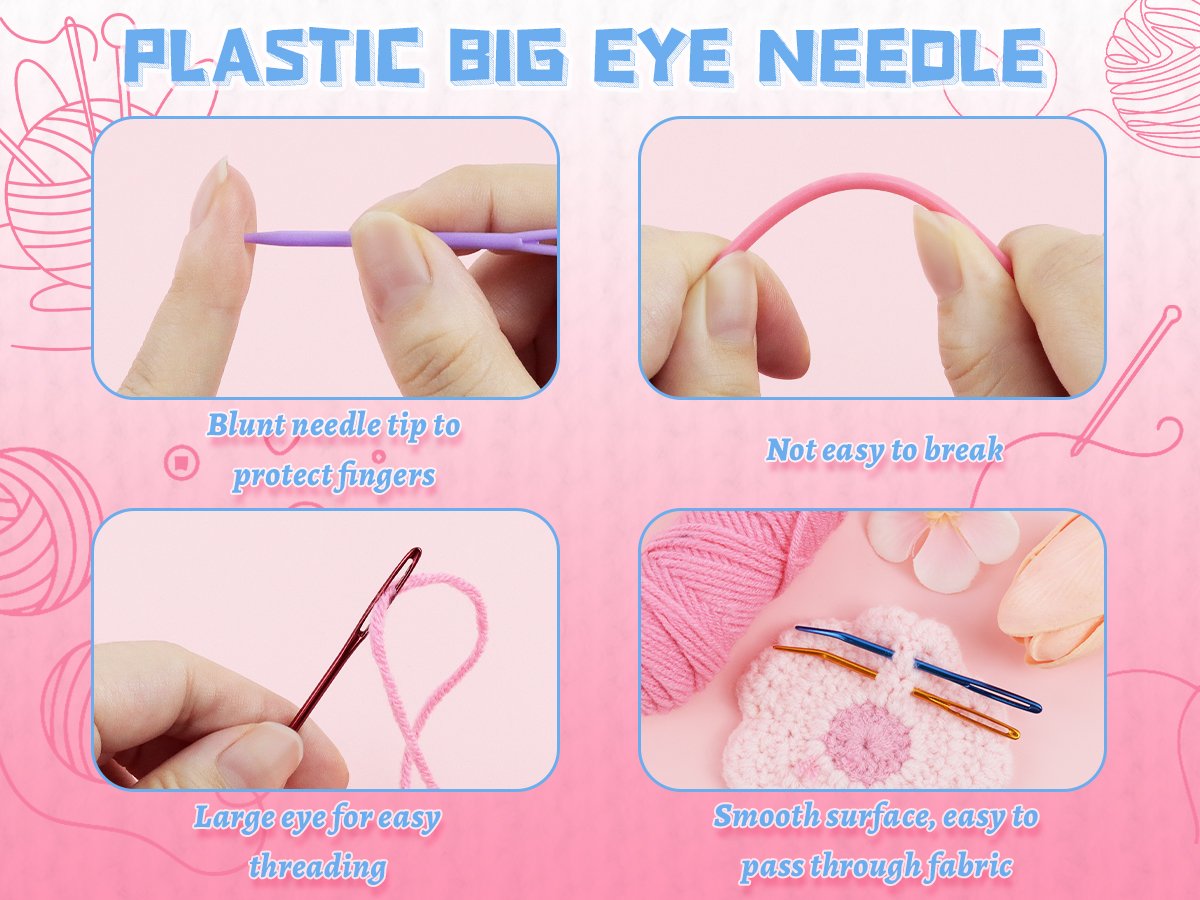 Four panels showing large-eye needles: blunt tip, flexibility, threading, and smooth surface on fabric.