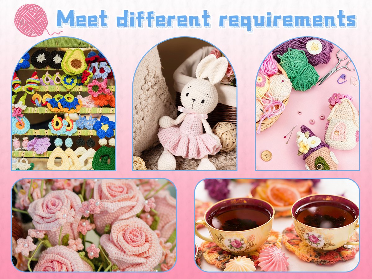 Collage of crochet crafts including a bunny, flowers, houses, and accessories, with text 'Meet different requirements'