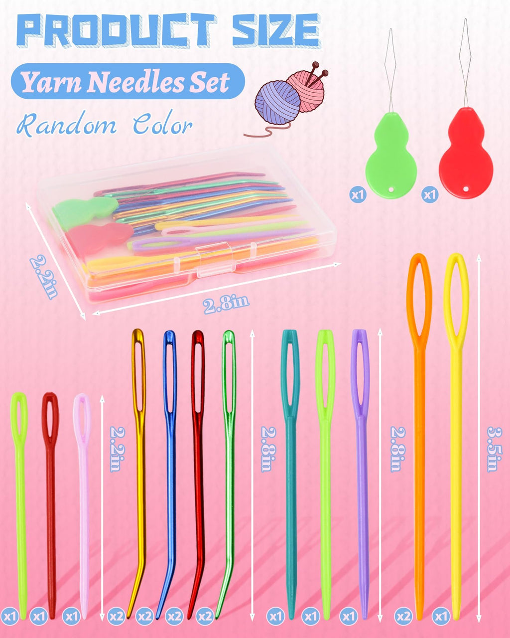 Assortment of colorful yarn needles and threaders shown with size dimensions and quantity indicators.