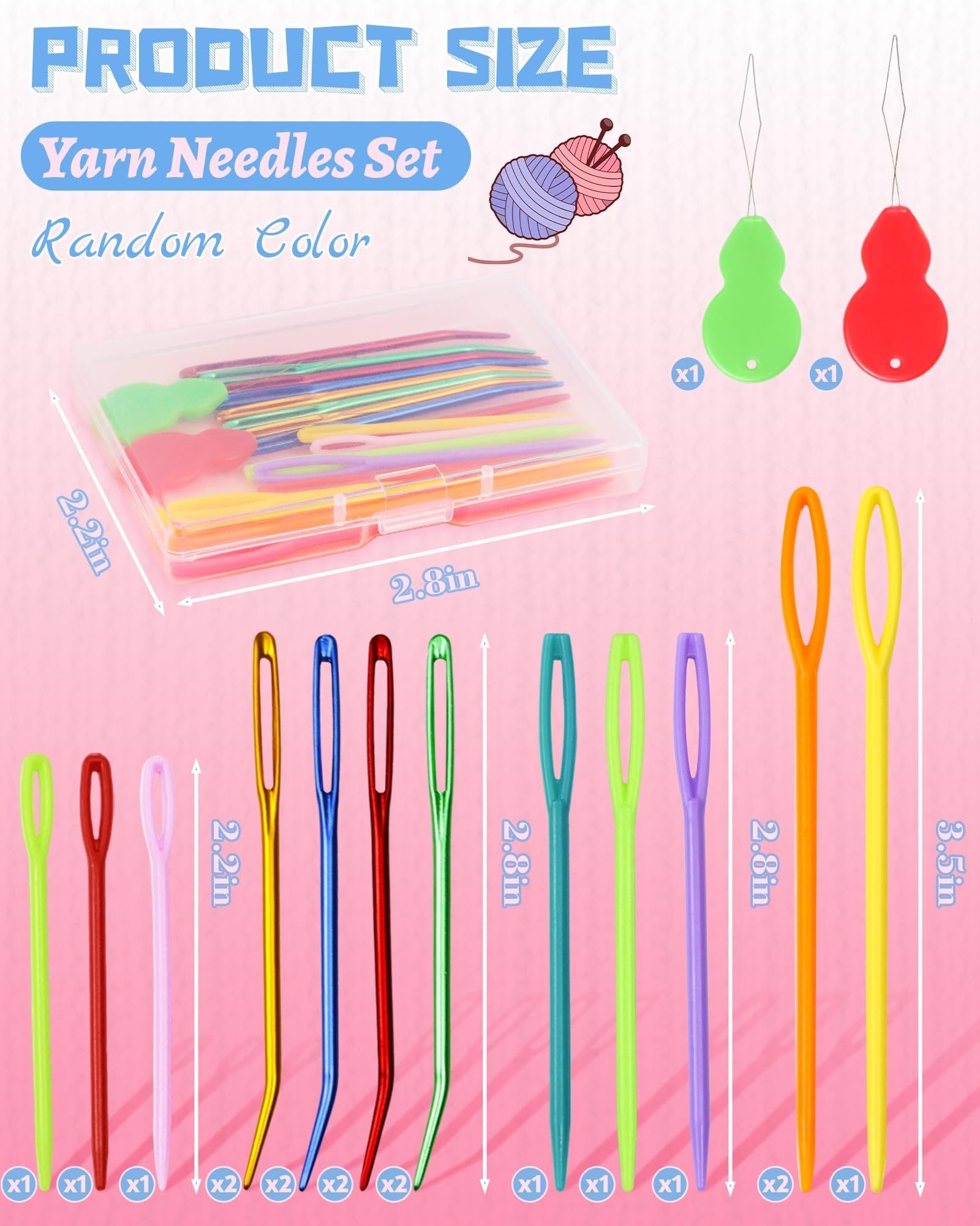 Assortment of colorful yarn needles and threaders shown with size dimensions and quantity indicators.