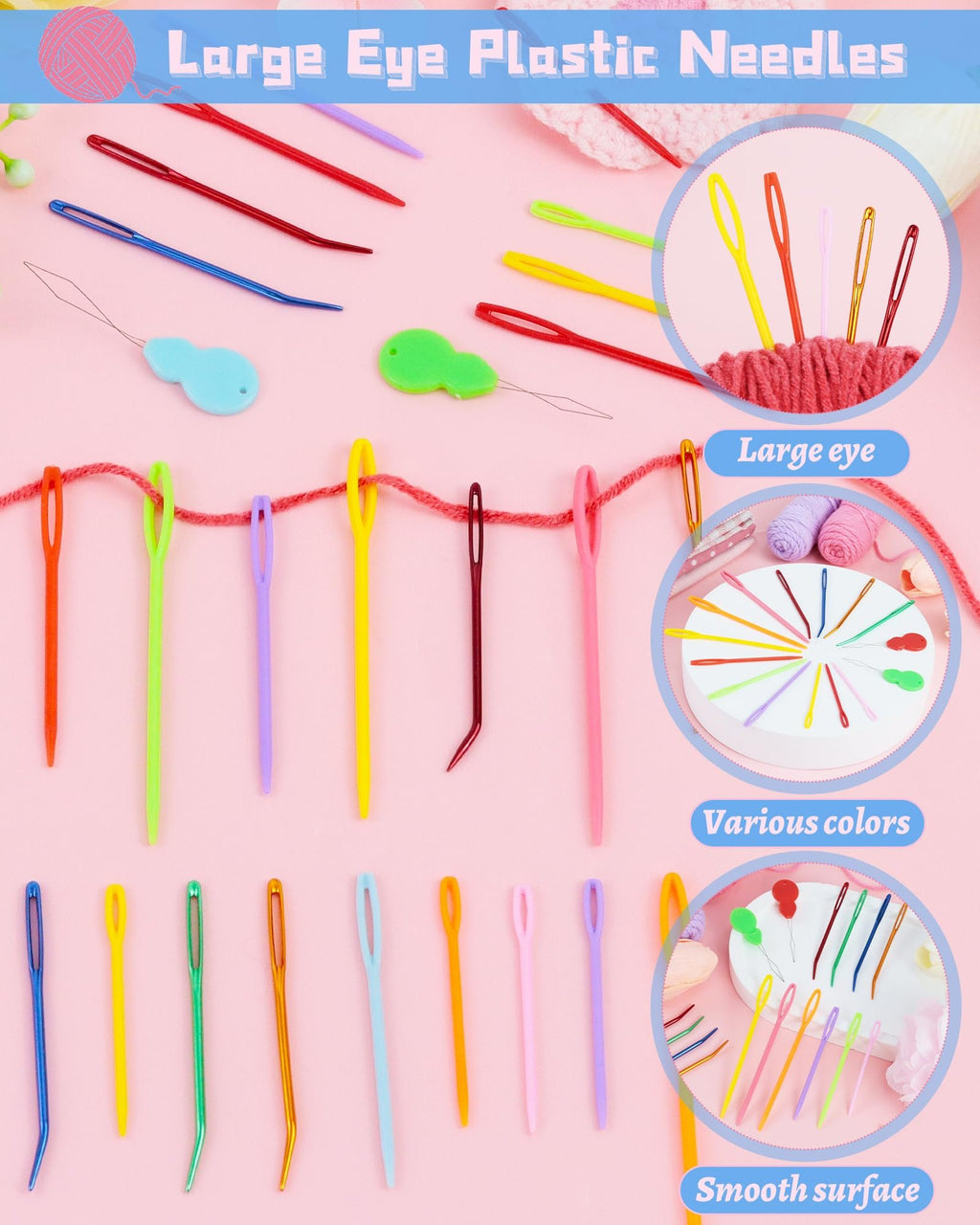Assorted large-eye plastic and metal needles in various colors, some threaded with yarn, on a pink background.