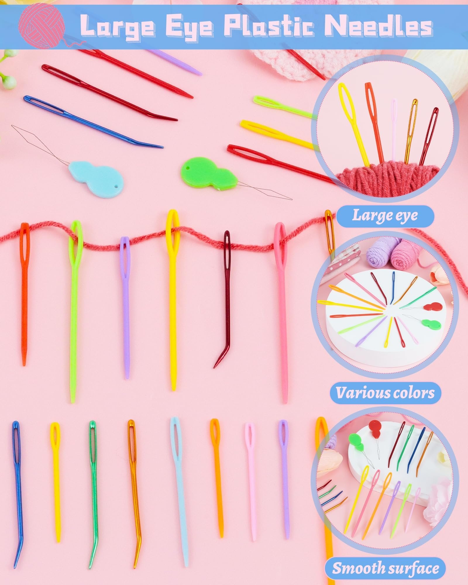 Assorted large-eye plastic and metal needles in various colors, some threaded with yarn, on a pink background.