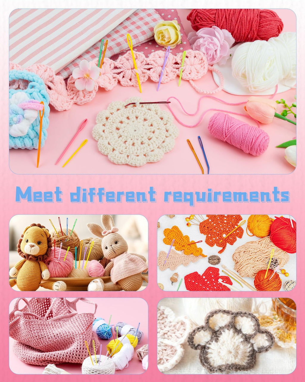 Crochet crafts and yarn with various needles and threaders, arranged in a collage of four scenes.