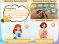Collage of crochet instructions and illustrations: basic stitches, granny square assembly, and finished blanket. Includes text about learning crochet.