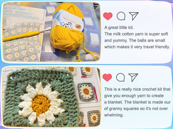 Crochet blanket kit with yellow yarn, crochet hook, and sample squares. Includes text reviews.