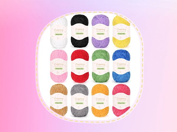 Collection of 19 colorful yarn skeins arranged in a grid, each with a label.