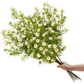 Hand holding a bouquet of artificial white daisies with green stems and leaves against a white background.