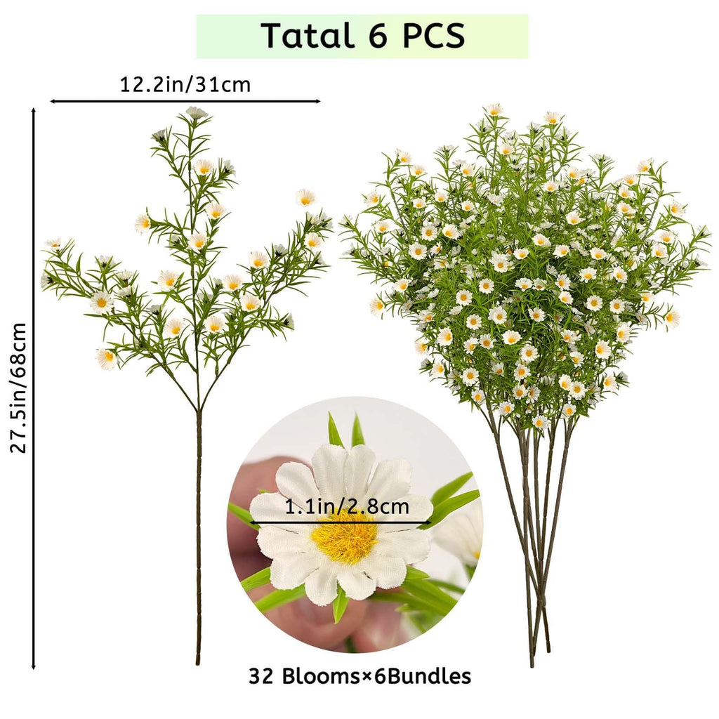 Artificial daisy flowers with dimensions and bloom count shown, one stem shown separately and a bunch shown together.