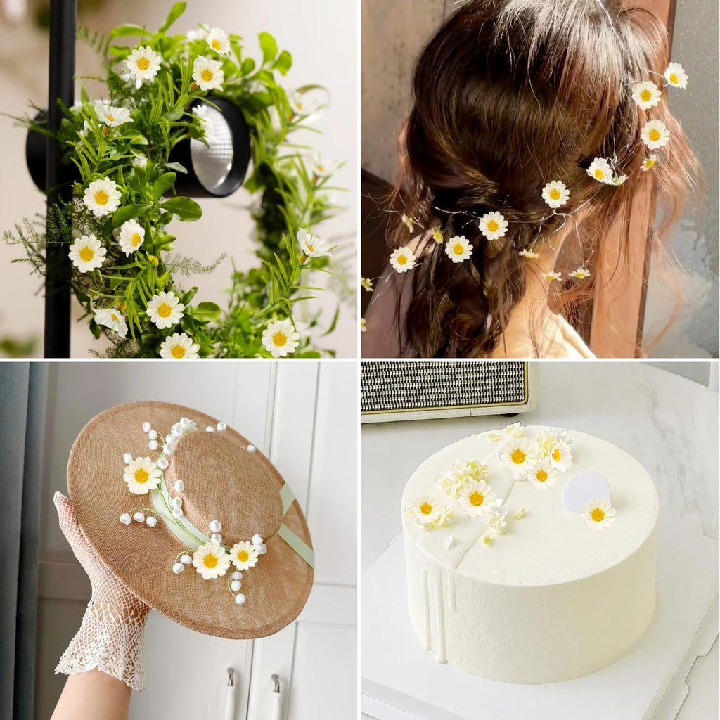 Collage of four images showing artificial daisy flowers used in various decorations: a wreath, hair accessories, a hat, and a cake.