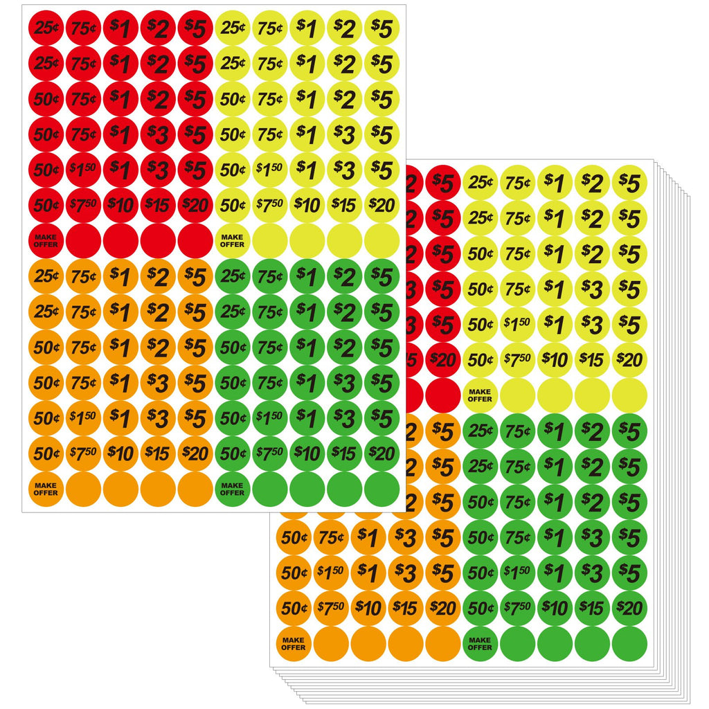 Sheets of colorful round price stickers with various denominations and 'Make Offer' text
