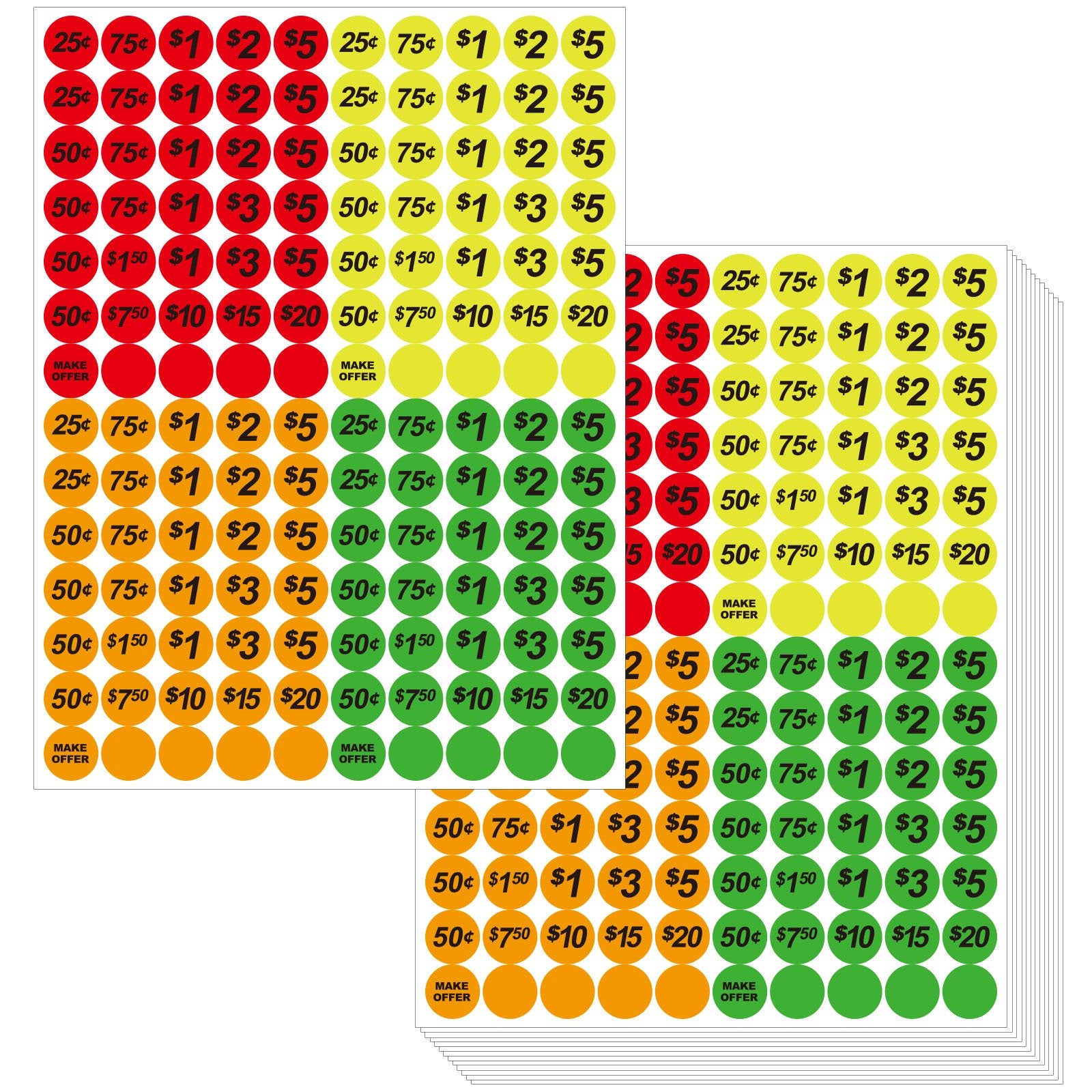 Sheets of colorful round price stickers with various denominations and 'Make Offer' text
