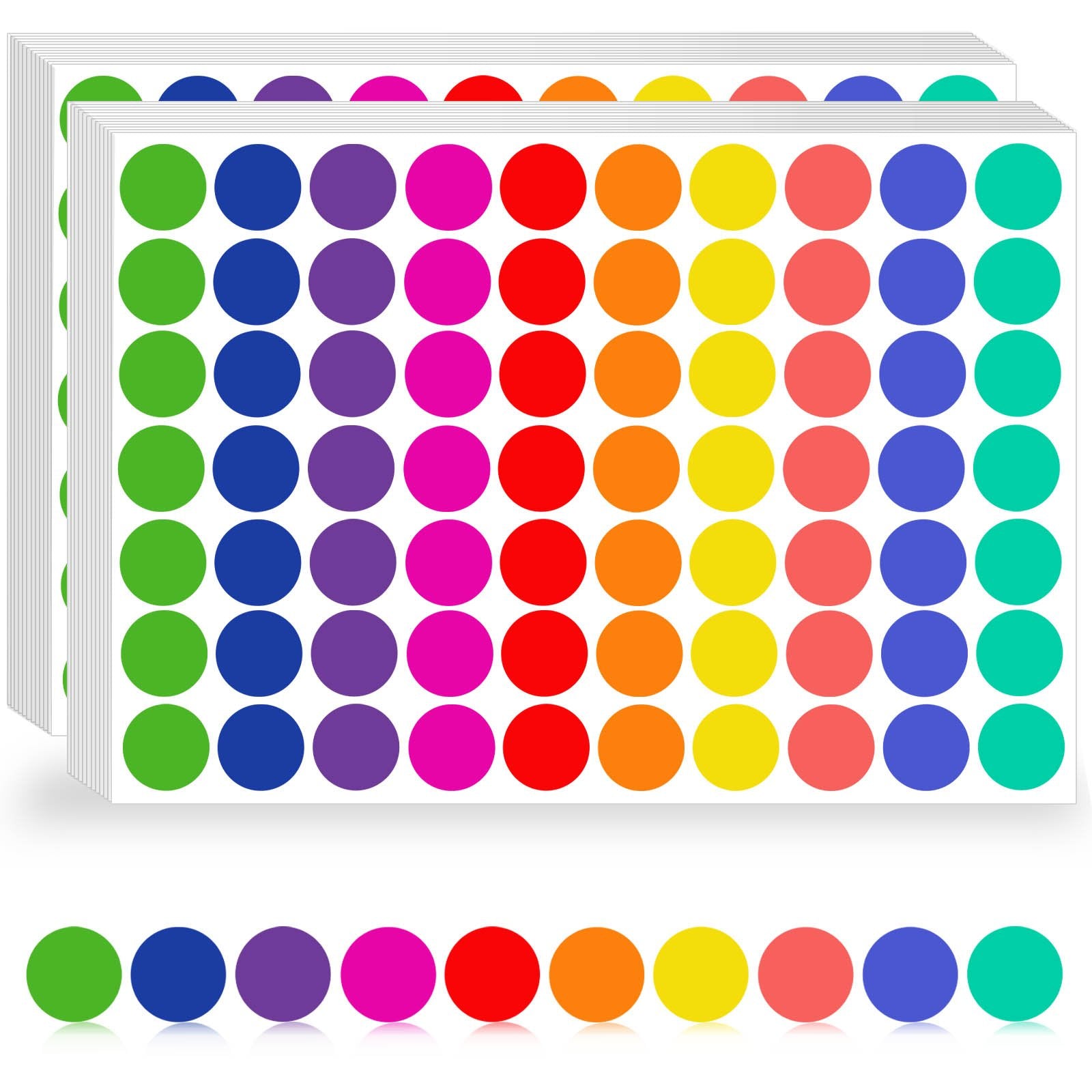 Stack of colorful round price stickers in neon pink, green, blue, yellow, red, orange, and coral