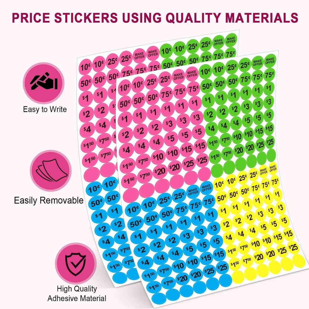 Sheets of colorful round price stickers with various denominations and 'Make Offer' text, plus icons and text callouts.