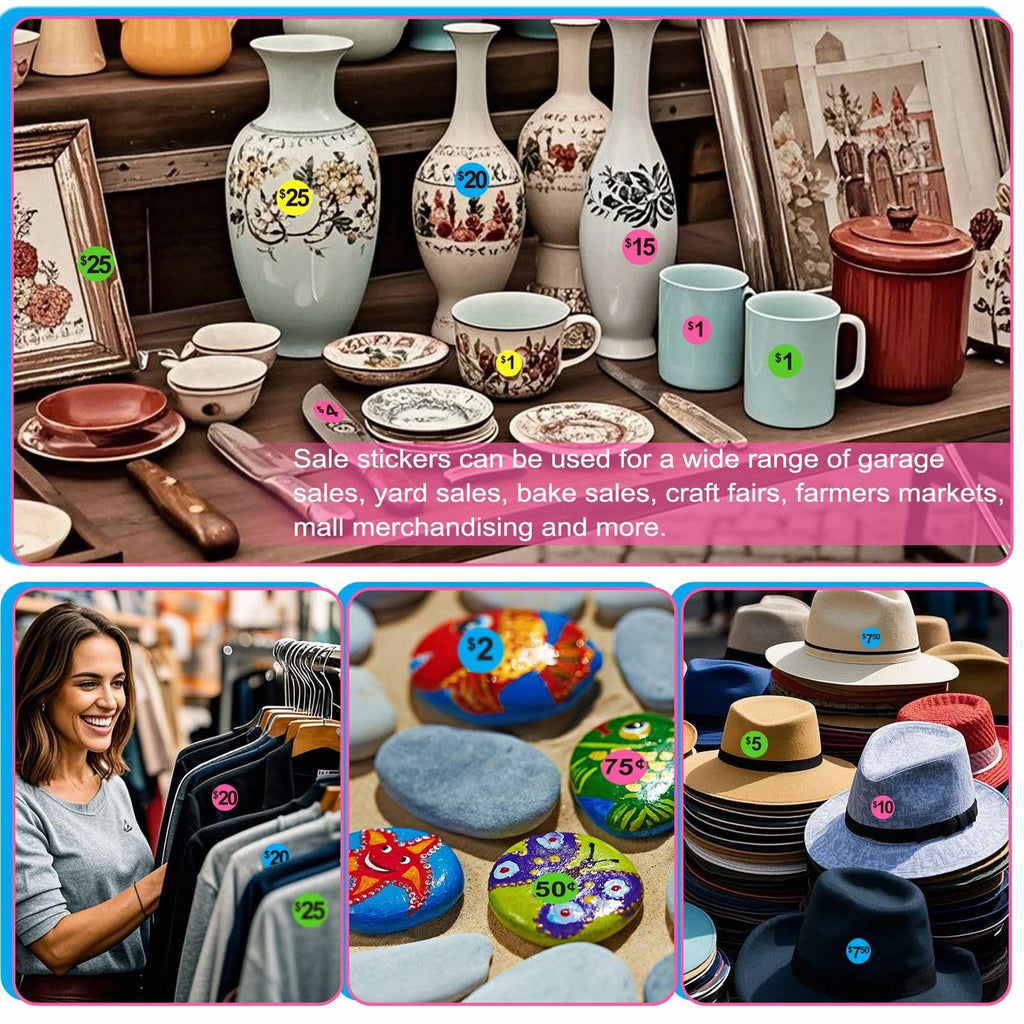Collage of sale stickers on various items like vases, mugs, clothing, painted rocks, and hats.