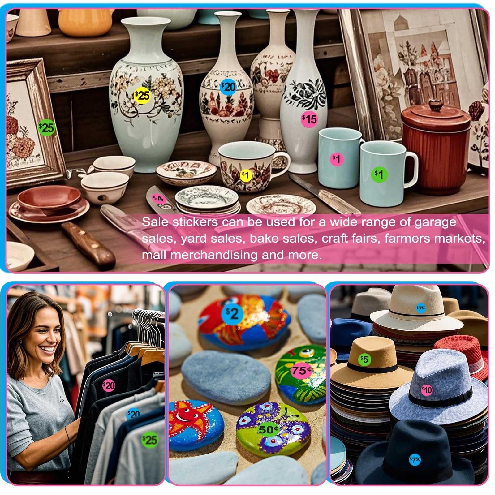 Collage of sale stickers on various items like vases, mugs, clothing, painted rocks, and hats.