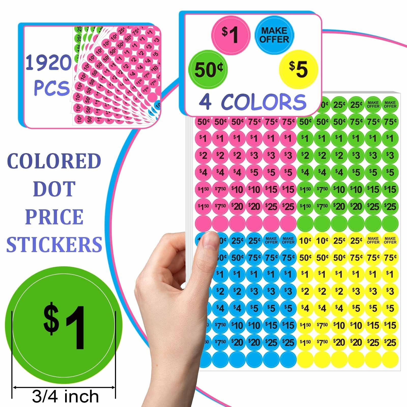 Assortment of colored dot price stickers in various denominations and colors, with a hand pointing to a sheet. Includes text and size indicator.