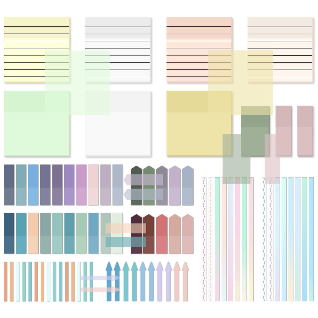 Assortment of transparent sticky notes and page markers in various shapes and colors