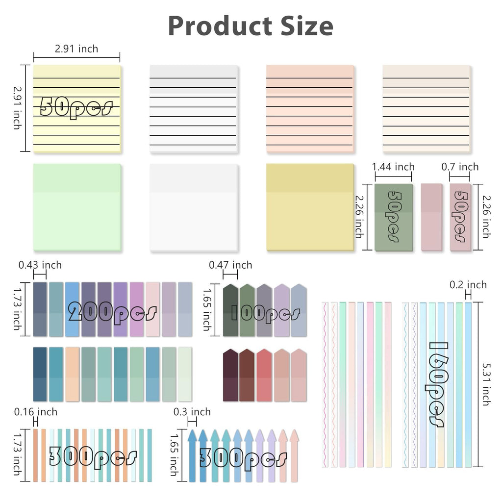 Product size diagram showing various sticky notes and page markers with dimensions and quantities.