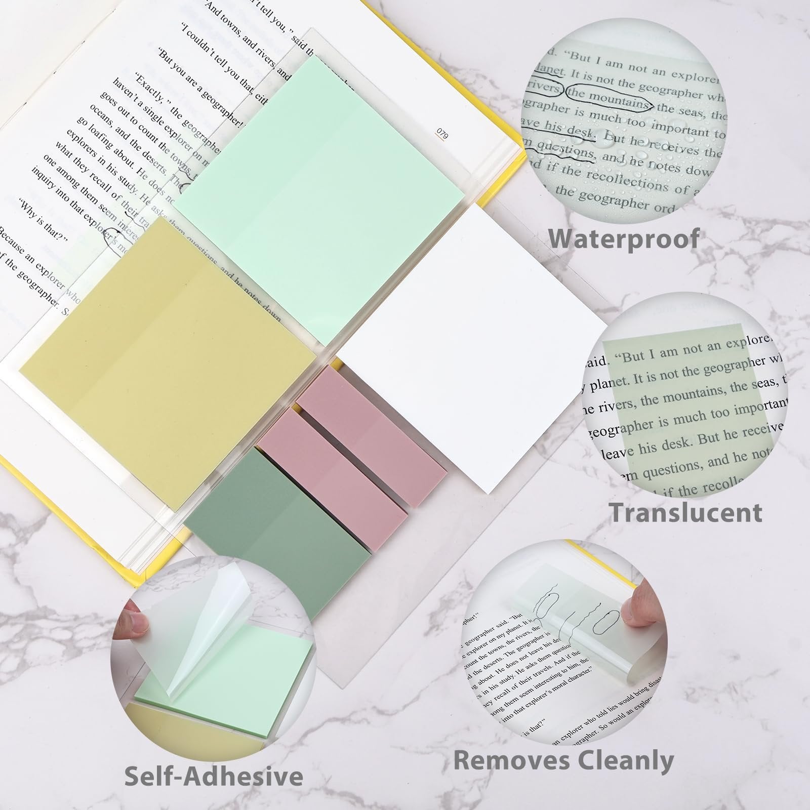 Transparent sticky notes in various colors placed on an open book, showing self-adhesive and removable features.