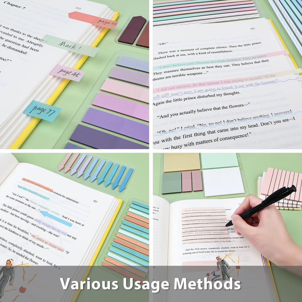 Various colored transparent sticky notes and page markers placed in an open book.