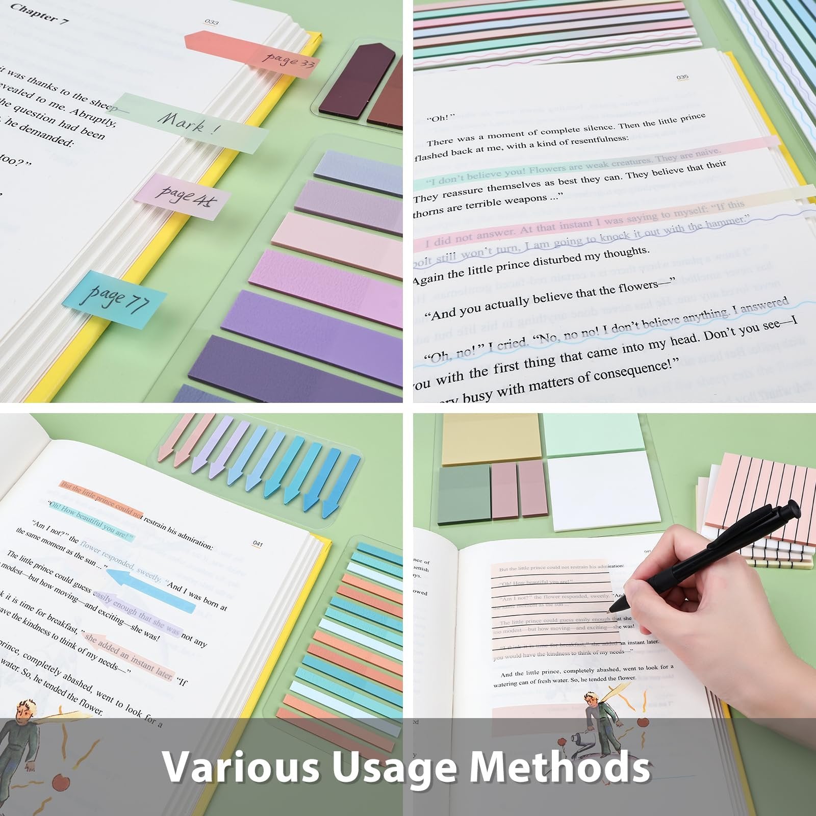 Various colored transparent sticky notes and page markers placed in an open book.