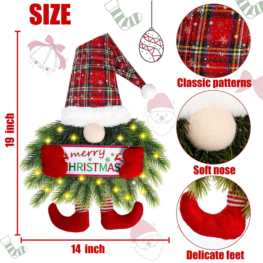 Christmas gnome wreath with plaid hat, lights, and 'Merry Christmas' sign, showing dimensions 19x14 inches.