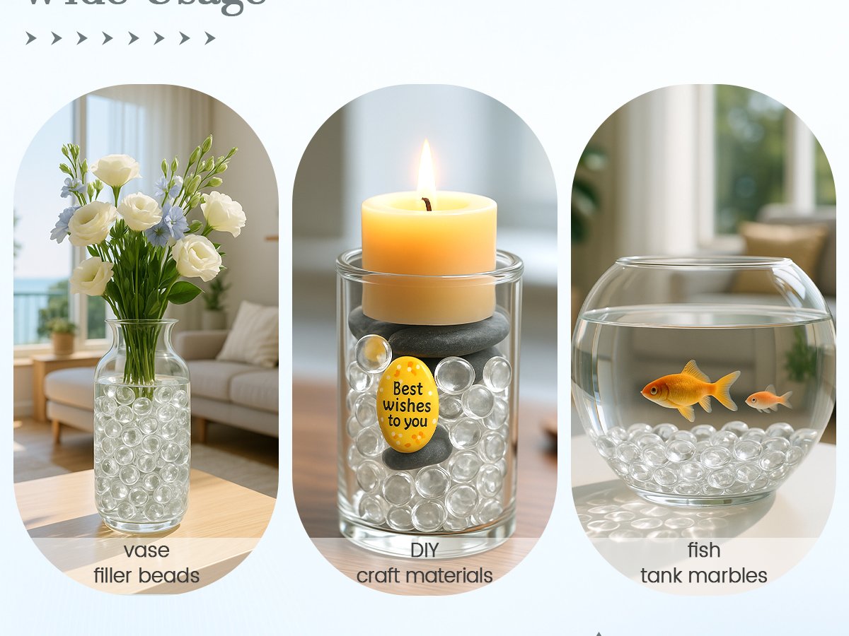 Clear flat glass marbles used as vase filler, DIY craft material, and fish tank decoration.