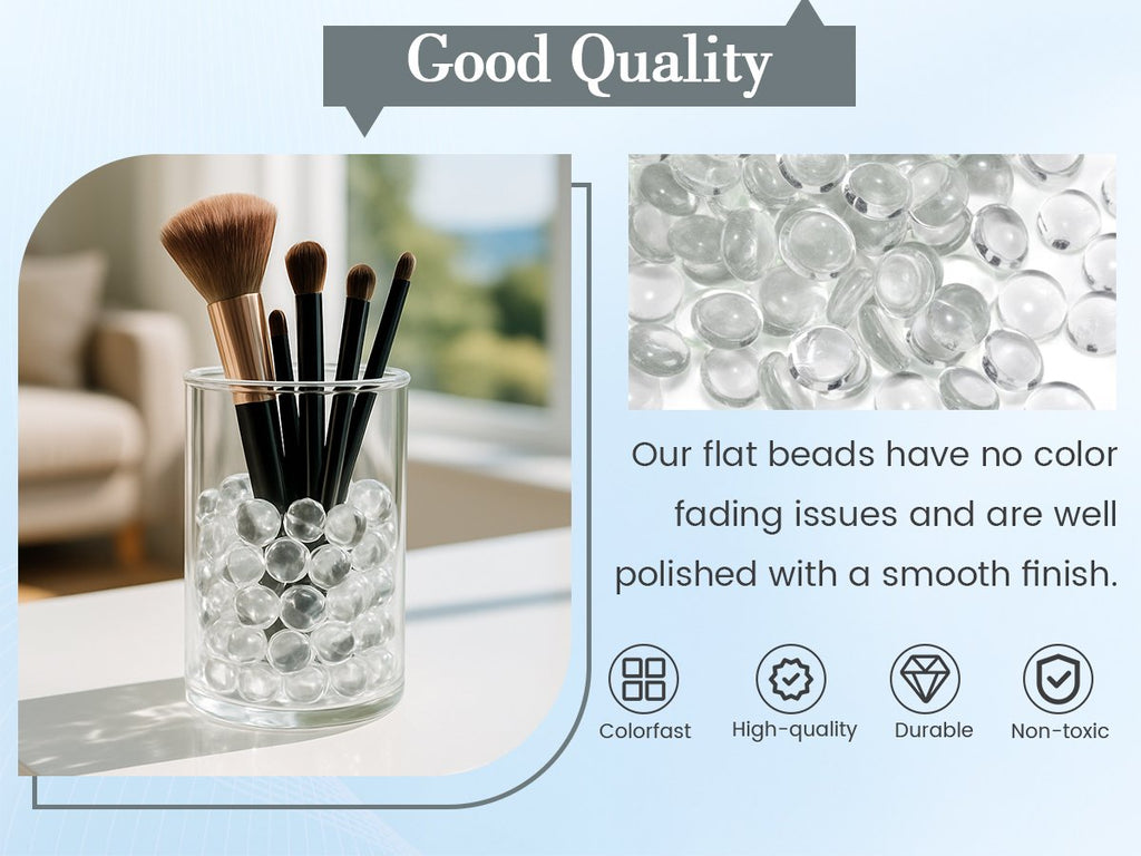 Clear flat glass marbles in a vase with makeup brushes and a close-up of the marbles with feature icons.