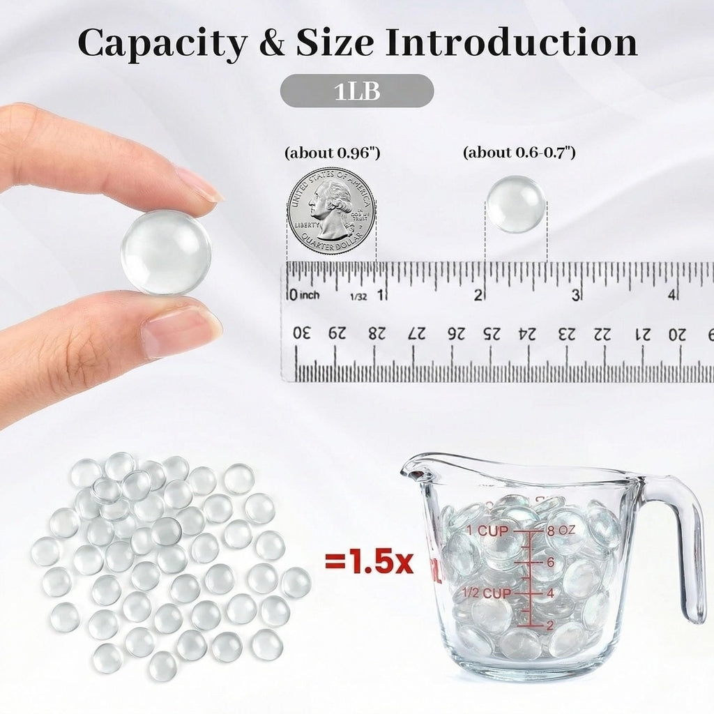 Clear glass marbles shown with a ruler, quarter, and measuring cup to indicate size and capacity.