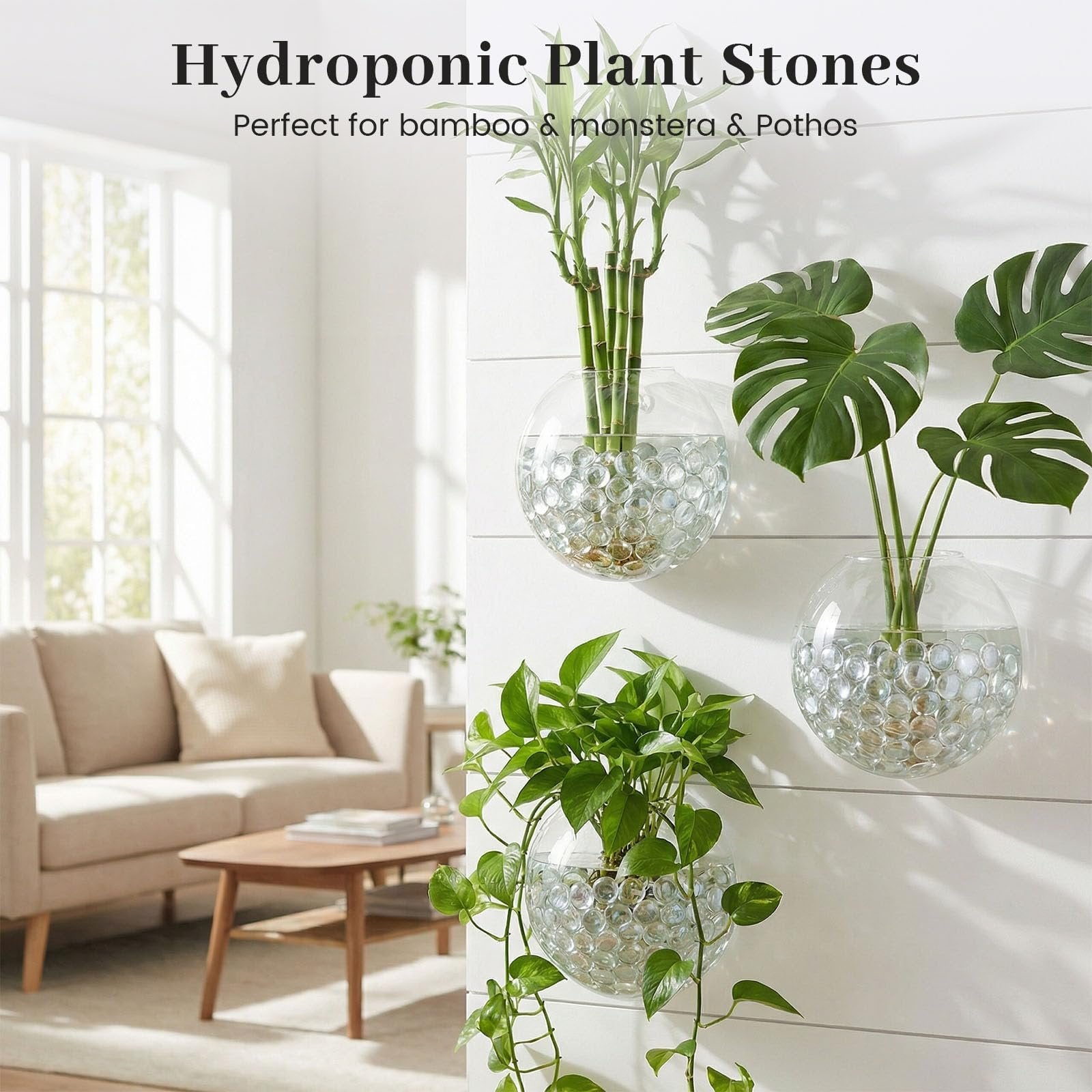Three clear glass wall vases filled with clear marbles and plants, mounted on a white shiplap wall.