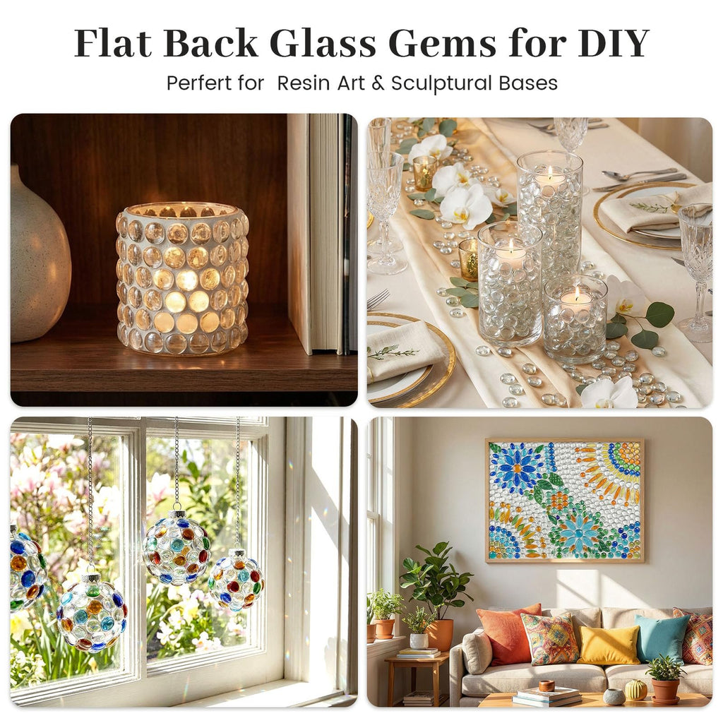 Collage of four images showing flat back glass gems used in various decorative applications.