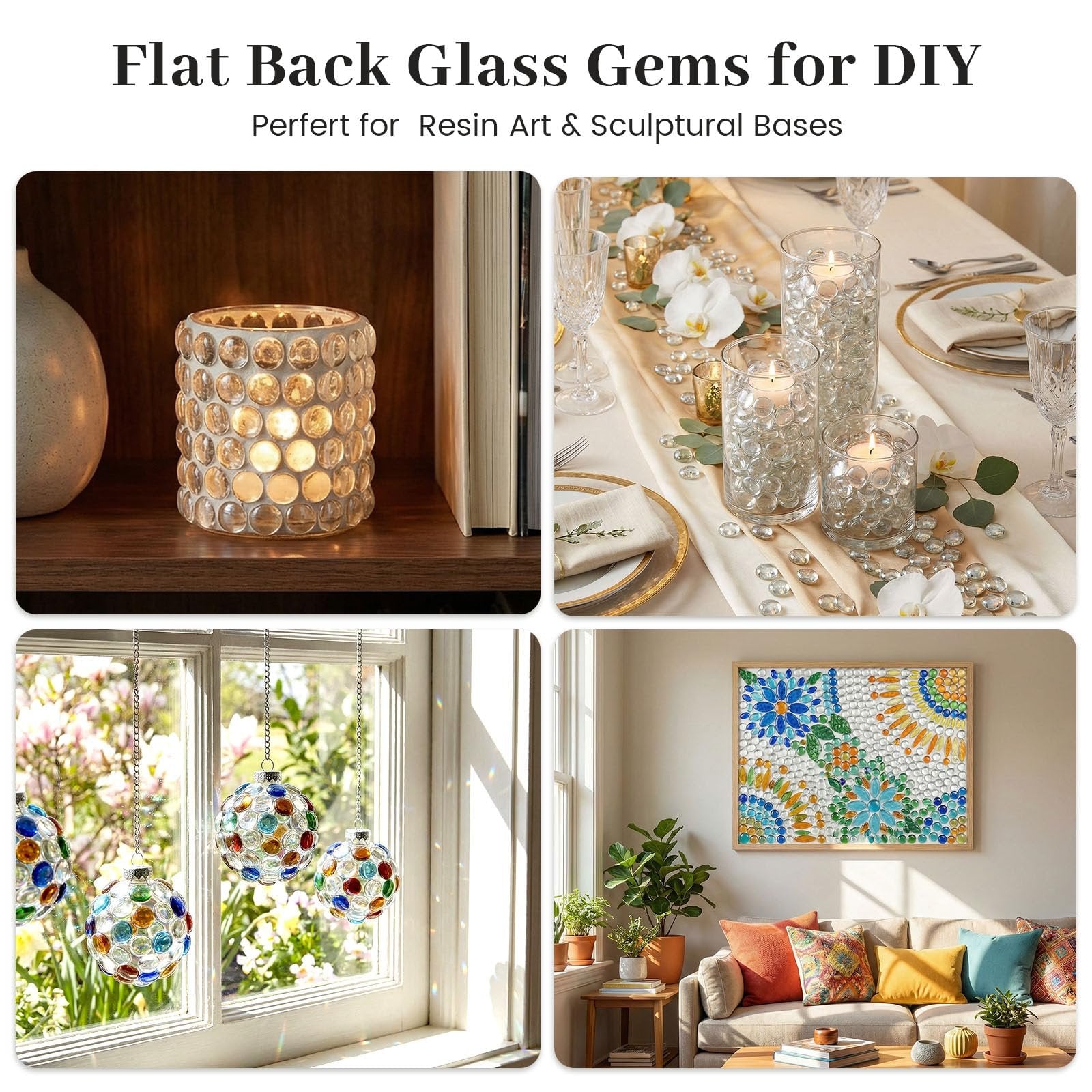 Collage of four images showing flat back glass gems used in various decorative applications.