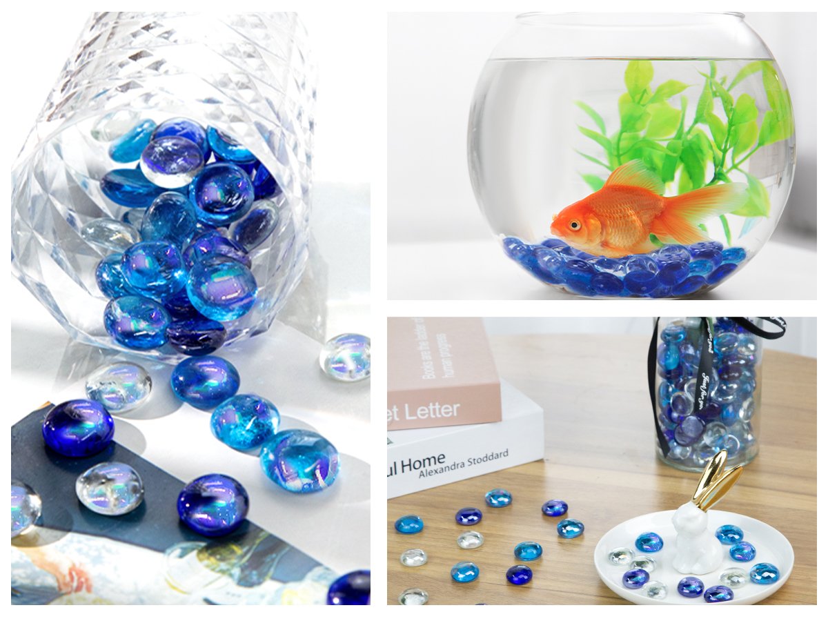 Collage of iridescent blue glass marbles used in various decorative settings including spilling from a crystal container, in a fishbowl with a goldfish, and in a jar with a decorative ribbon.