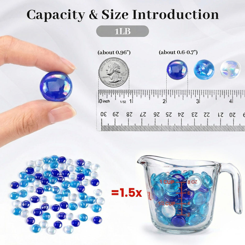 Iridescent blue glass marbles shown with a quarter for scale, ruler, and measuring cup.