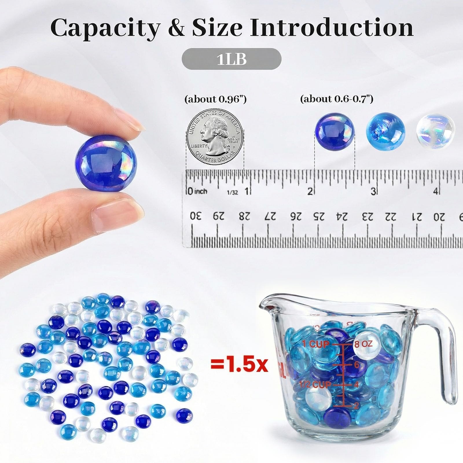 Iridescent blue glass marbles shown with a quarter for scale, ruler, and measuring cup.