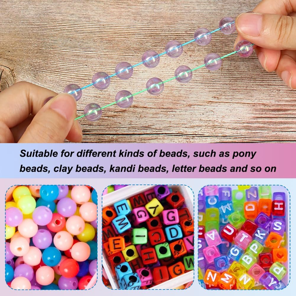 Hands stringing iridescent beads onto elastic cord, with three inset images showing colorful beads and letter beads.