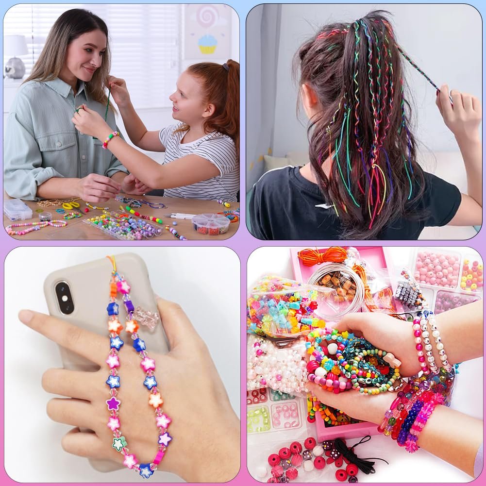 Collage of four images showing colorful elastic beading cord used for jewelry making and hair braiding.