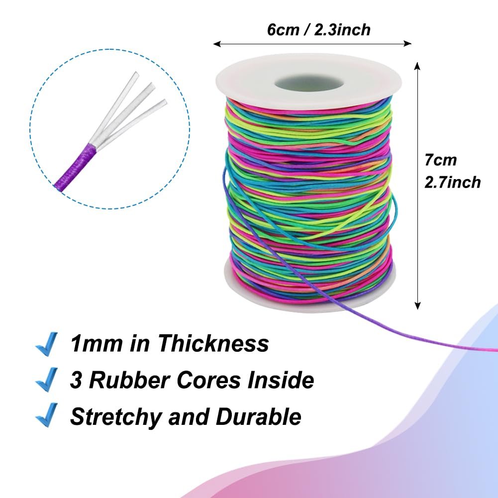 Spool of rainbow elastic beading cord with dimensions and feature callouts