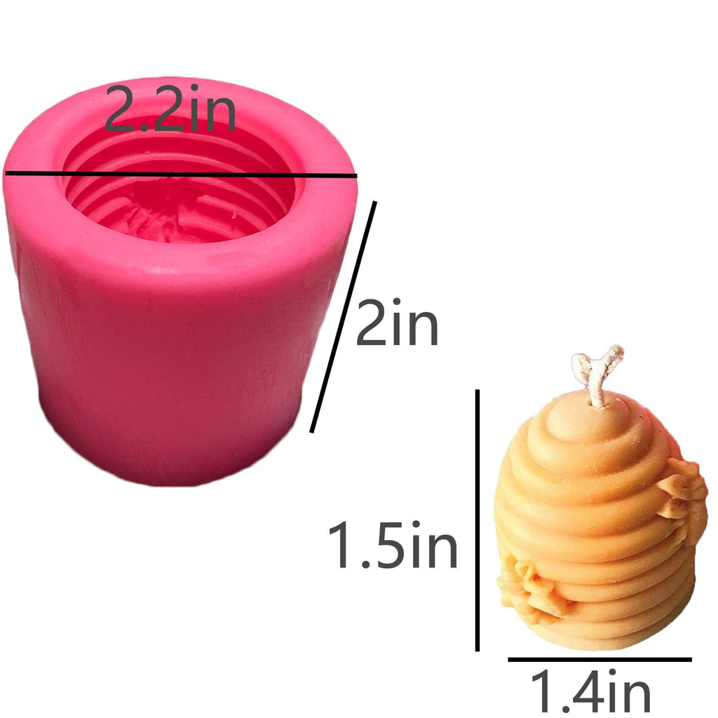 Pink beehive silicone mold next to a finished yellow beeswax candle, with dimension callouts.
