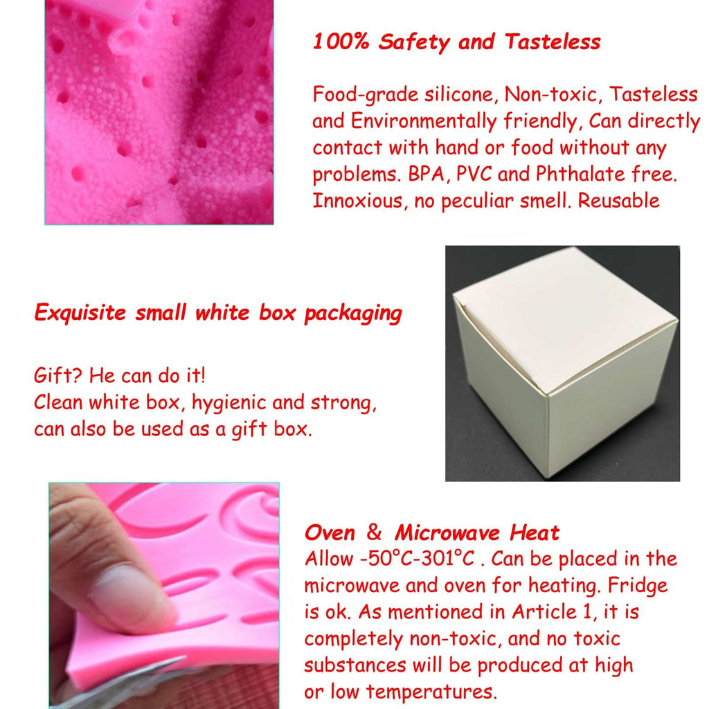 Close-up of a pink silicone beehive mold with small indentations, next to text describing safety and packaging, and a small white box.