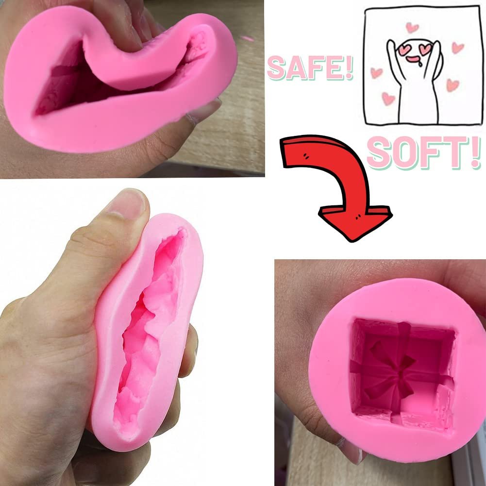Pink silicone mold for crafts shown from multiple angles, with text overlays SAFE! and SOFT!