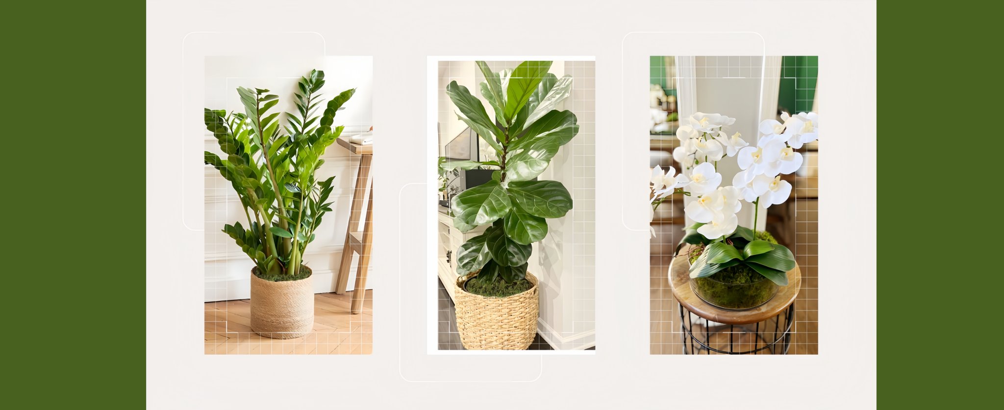 Three potted artificial plants: a ZZ plant, a fiddle leaf fig, and white orchids in a glass bowl.