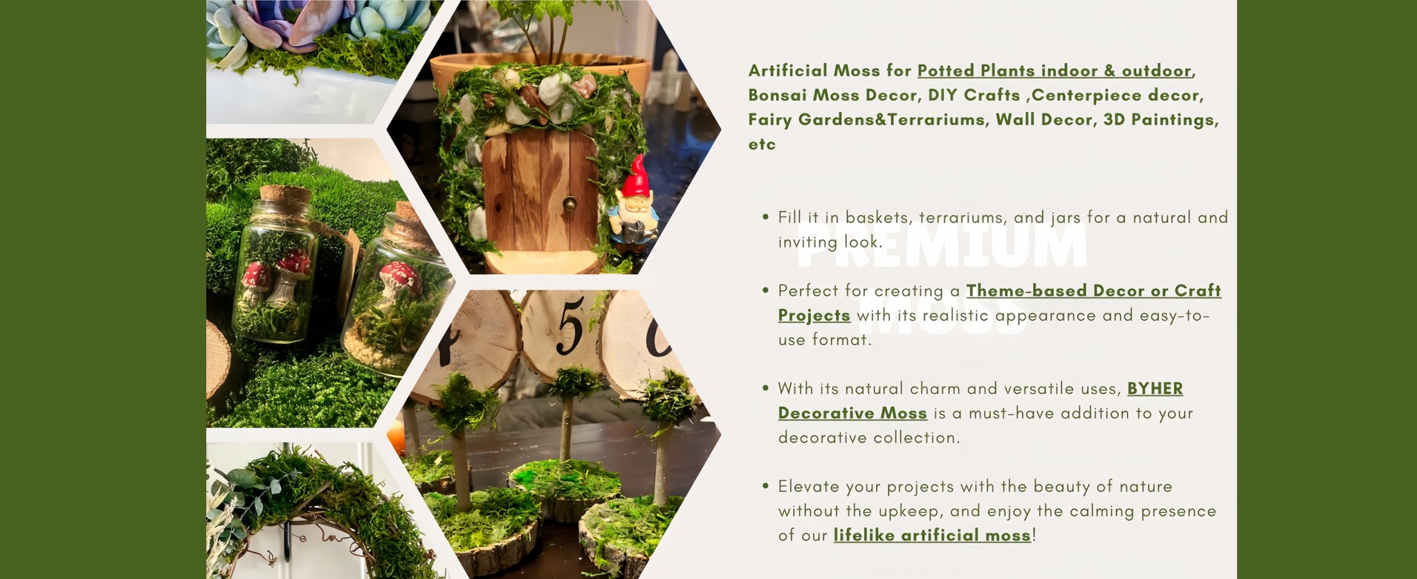 Collage of artificial moss used in various decorative projects including terrariums, fairy gardens, and wreaths.