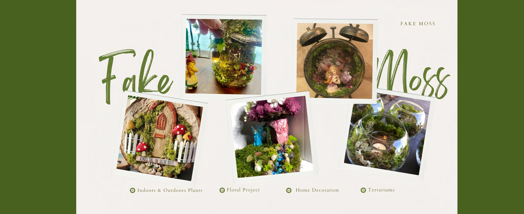 Collage of fairy garden scenes and terrariums made with artificial moss.